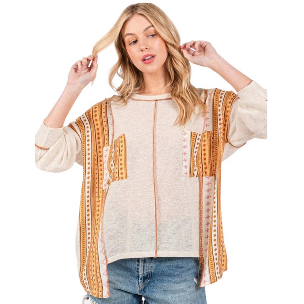 Ces Femme Stripe Patch Pocket Knit Top with High-Low Hem
